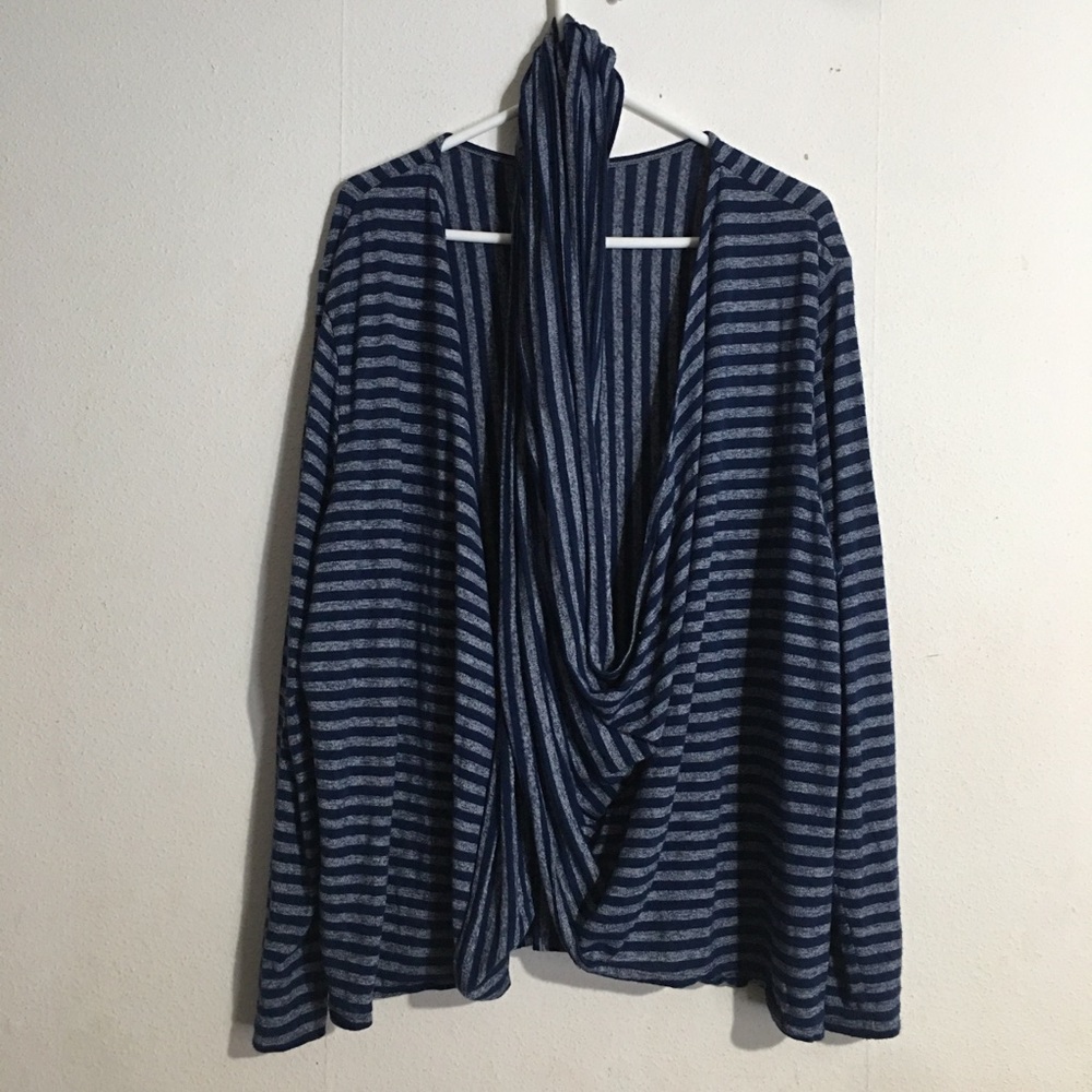 Blue And Grey Striped Cardigan With Attached Scarf